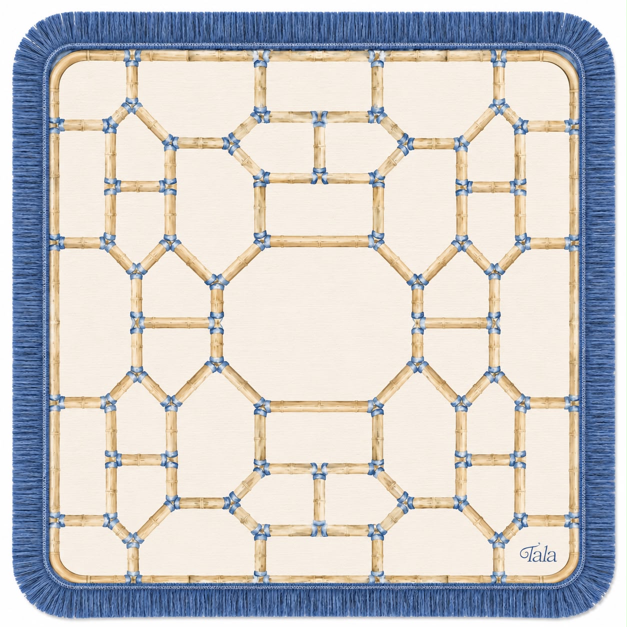 The Pavilion Mahjong Mat - Bamboo Neutral with Blue Fringe