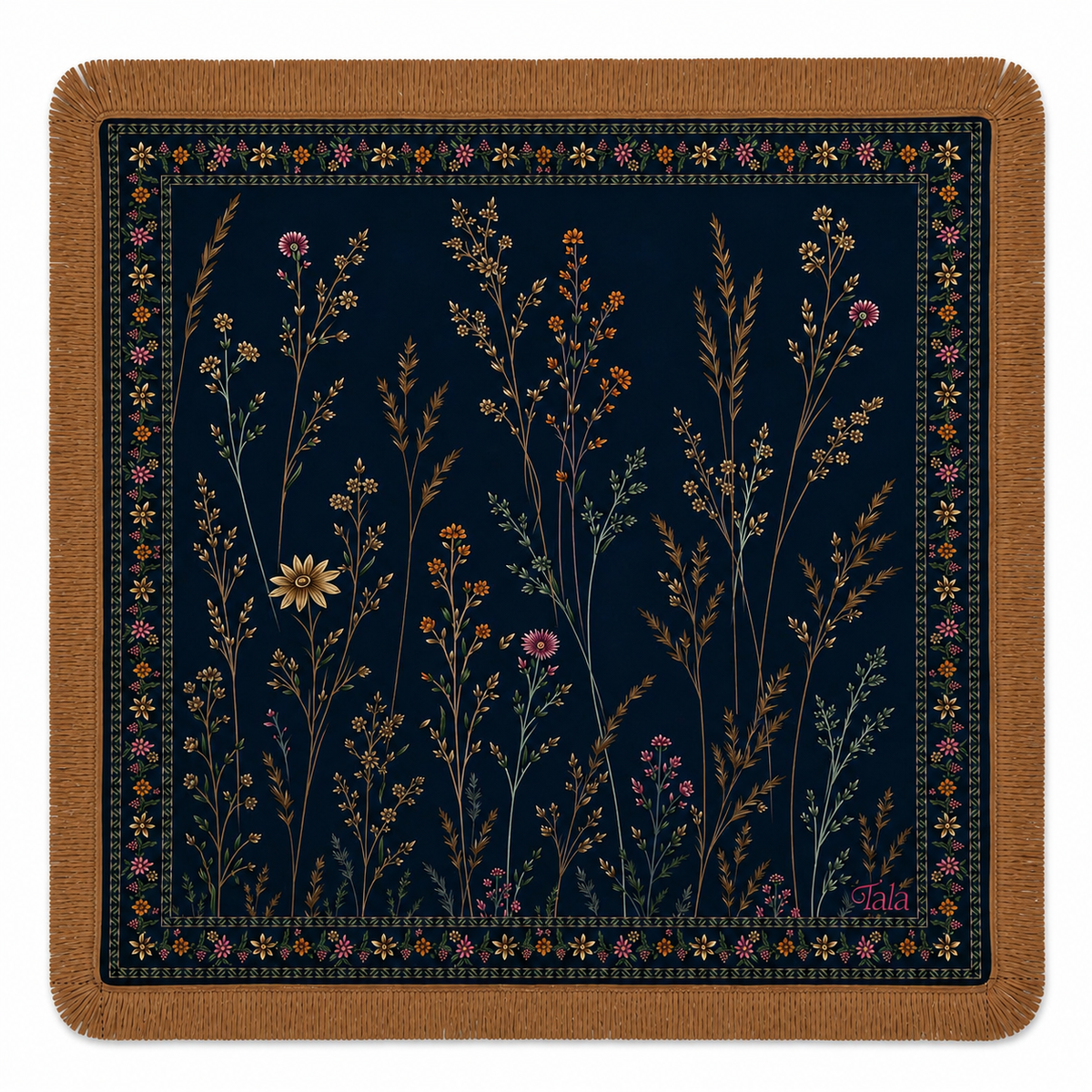 Midnight-black Tala Mahj mat with wildflowers print and suede fringe.
