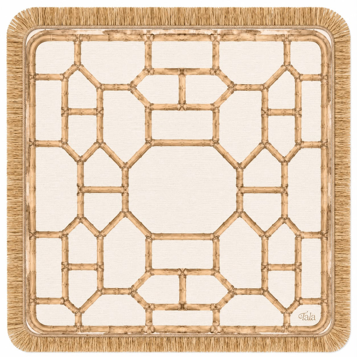 Tala Mahj Veranda Mat with Fringe displayed on a wooden surface