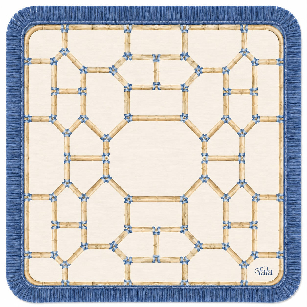 Tala Mahj Pavilion Mat with Blue Fringe on ivory felt.